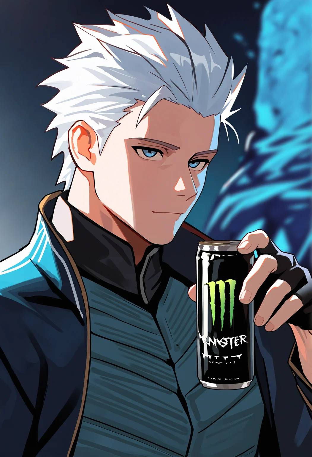 masterpiece, best quality, vergil \(devil may cry\), monster energy, can, upper body, 1boy,