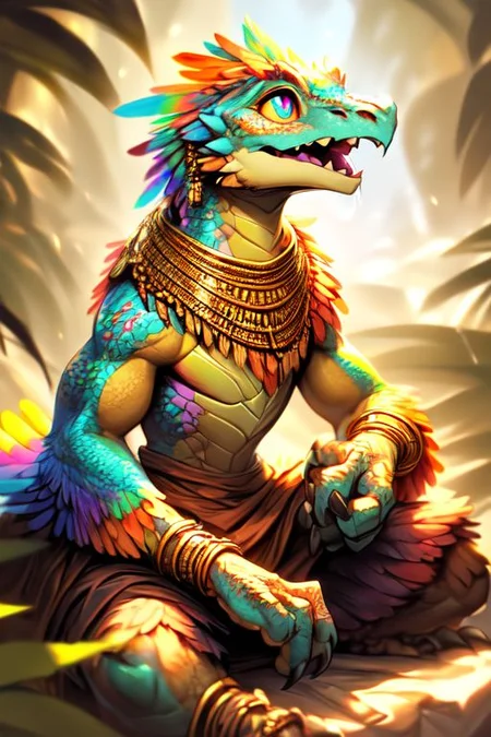 scalie, anthro, ((female)), ((kobold:1.3)), detailed pink scales, detailed scales, intricate scales, ((small breasts)), (nude), (detailed face), (detailed eyes:2), (big eyes:0.5), claws, open mouth, grin, (fangs:1.3), cute, young, muscular, athletic, elegant, beautiful, claws, (slit pupils), bright eyes, expressive eyes, (chubby:0.4), (plump:0.4), smiling, happy,  
((((head with thick long feathers)))), ((feathered arms, feathered legs)) covered in feathers, 
lying on beach, pillows, playing, spread legs, raised tail, seen from above,
(saliva), (drooling:0.5),
<lora:dragon:0.1>,
<lora:addmoredetails:0.1>,
<lora:Velociraptor_Dino:0.1>,
<lora:deathclaw:0.1>,
<lora:azt3ch:0.1>,
<lora:FurryCore:1.25>
by darkgem, by thesecretcave, by silverfox5213, , 
((golden bracelet, golden anklet, golden necklace, golden earrings, iridescent gold, collar, golden tiara)),
noon, sunlight, 
on a beach, 
(ambient light on the body),
Ray tracing, dutch angle, concept art, highly detailed, (hi res), ((masterpiece)), ((best quality)) masterpiece, best quality, masterpiece, best quality, cinematic composition, (masterpiece, best quality, ultra realistic, 4k, (high detail:1.3), sharp focus,