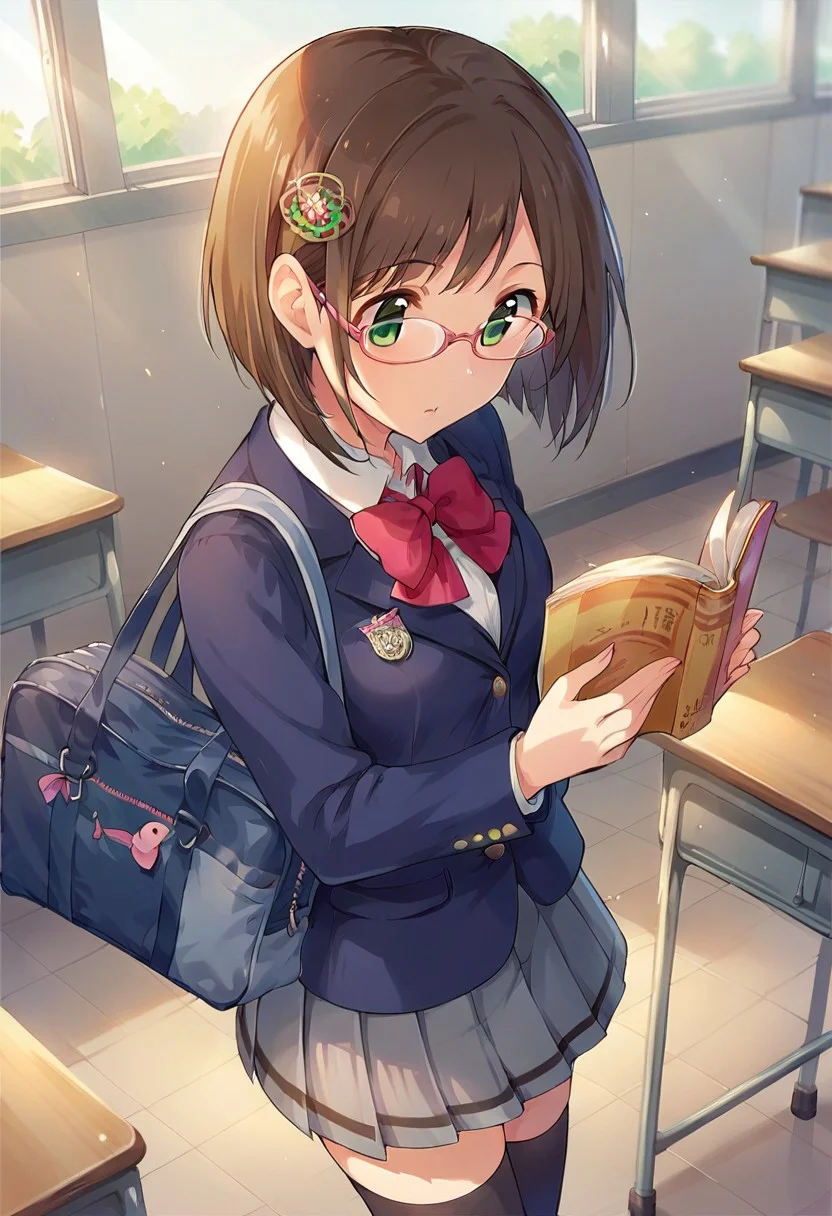 score_9, score_8_up, score_7_up, source_anime,maekawa miku, brown hair, green eyes, short hair, school uniform, glasses, thighhighs, hair ornament, bag, solo focus, book, school bag, skirt, 1girl, classroom