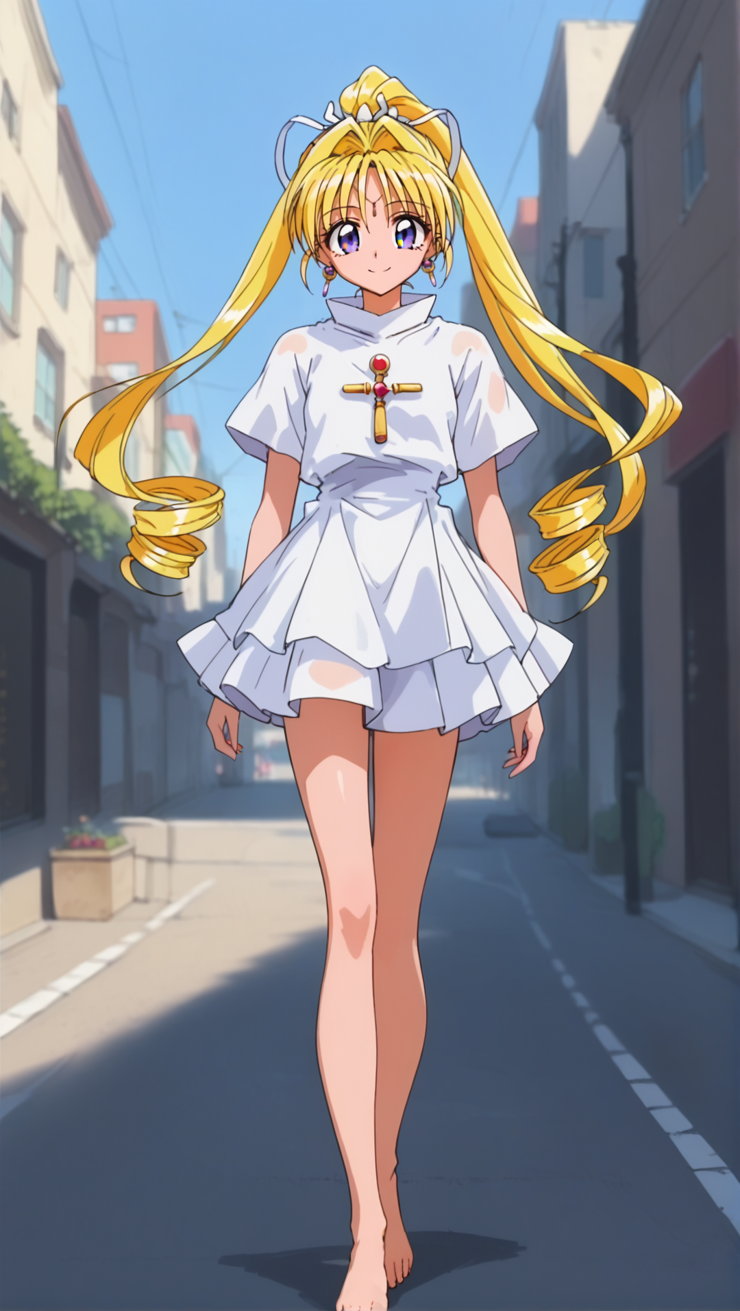 Solo, cute, score_9, score_8_up, score_7_up, KKJs2, artist A style, purple eyes, blonde hair, very long hair, high twintails, high ponytail, drill hair, white hair ribbon, forehead jewelry, earrings, transformation outfit, White outfit, short sleeves, standing collar, cross ornament on chest, bare hands,White layered skirt, bare foot, bare legs, on the street, city, walking, smile, close up, closed zoom