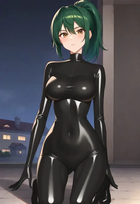 Masterpiece, High quality, OC, anime stye, 1 woman, Female Adult woman, 1girl, tall, green ponytail hair, Black skintight latex bodysuit, full Black skintight latex gloves, brown eyes, green ponytail hair, Black Latex skintight bodysuit, all black shiny latex suit, long zipper on center of suit, shiny Black latex skintight elbow gloves, shiny Black latex skintight thigh boots, gadget belt on waist, serious face expression, house rooftop background, dark night time, dark, on knees