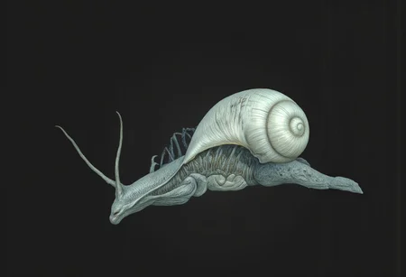 This creature presents a fusion of snake human head and snail features. Its core design revolves around a serpentine body integrated with a shell. the creature appears ethereal and luminous, with a pearl-like, almost celestial shell and a pale, ghostly body.
Set against a solid dark black color background to emphasize its unsettling unnatural form that emphasizes its silhouette. The medium is not a traditional painting or illustrative medium like watercolor or ink but rather a digital 3D rendering.
MikeFranchinastyle, d4artstyle, d4concept, , bbstyle,, horror theme,, zbrush, ZBClay model of a gray sculpture, 1990's, 1990's style