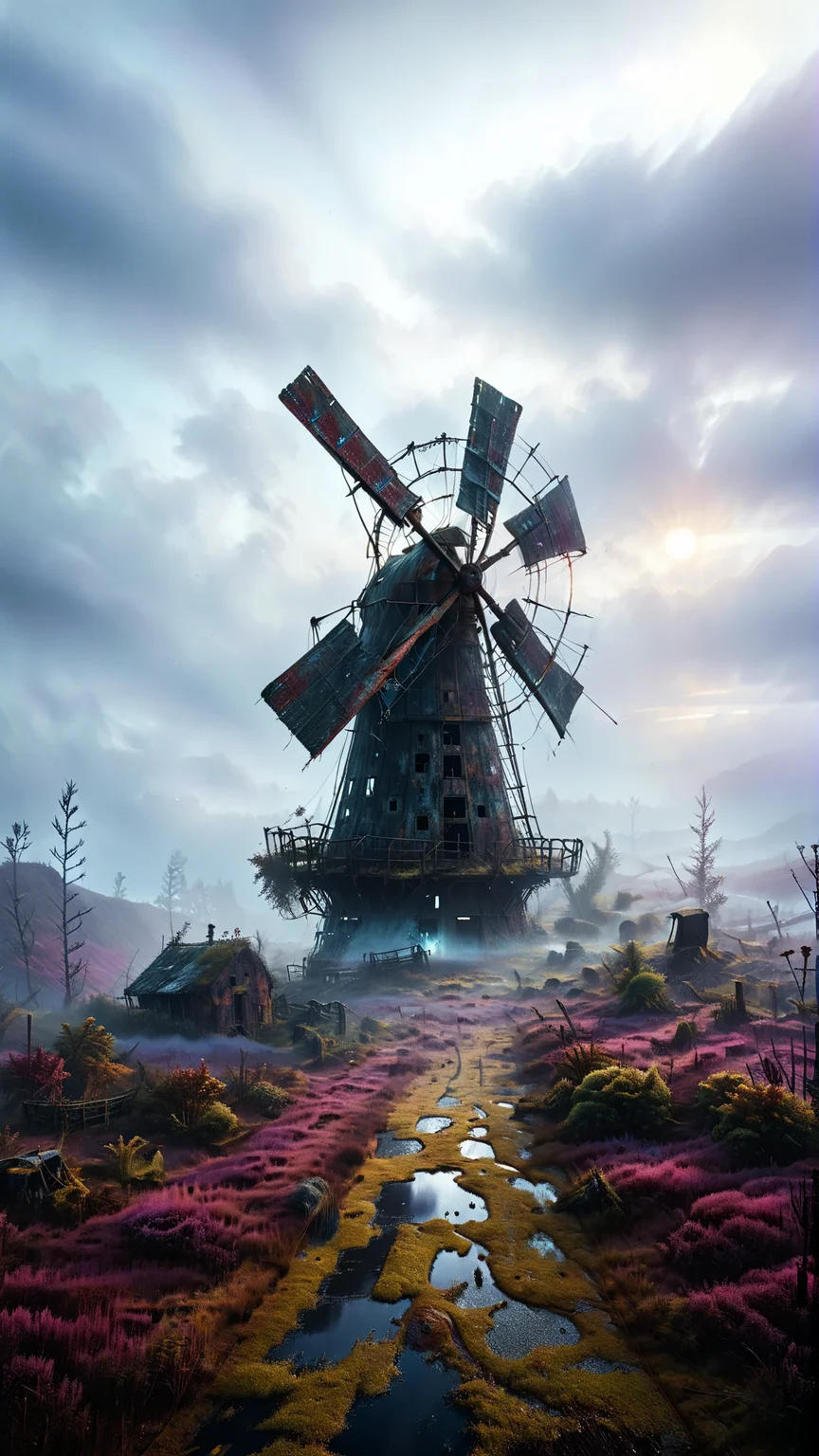 low angel, An ancient dilapidated windmill stands alone on the desolate moor its once proud sails now rotten and hanging by a thread. Shrouded in a thick mist the surreal scene is illuminated by the vibrant hues of heather and other moorland plants. The stark contrast between the decaying machinery and the vibrancy of nature creates a hauntingly beautiful tableau one that leaves us questioning the transience of time and the resilience of life., dark deep blue sky, clouds,
vibrant, translucent, intricate, extreme detailed, full of details,
Wide range of colors, Dramatic,Dynamic,Cinematic,Sharp details
Insane quality. Insane resolution. Insane details. Masterpiece. 32k resolution, dvr-lnds-sdxl,
<lora:add-detail-xl:0.9> dvr-lnds-sdxl <lora:MJ52:0.5> <lora:zavy-cntrst-sdxl:0.4> <lora:zavy-rmlght-sdxl:0.4> <lora:dvr-lnds-sdxl:1>