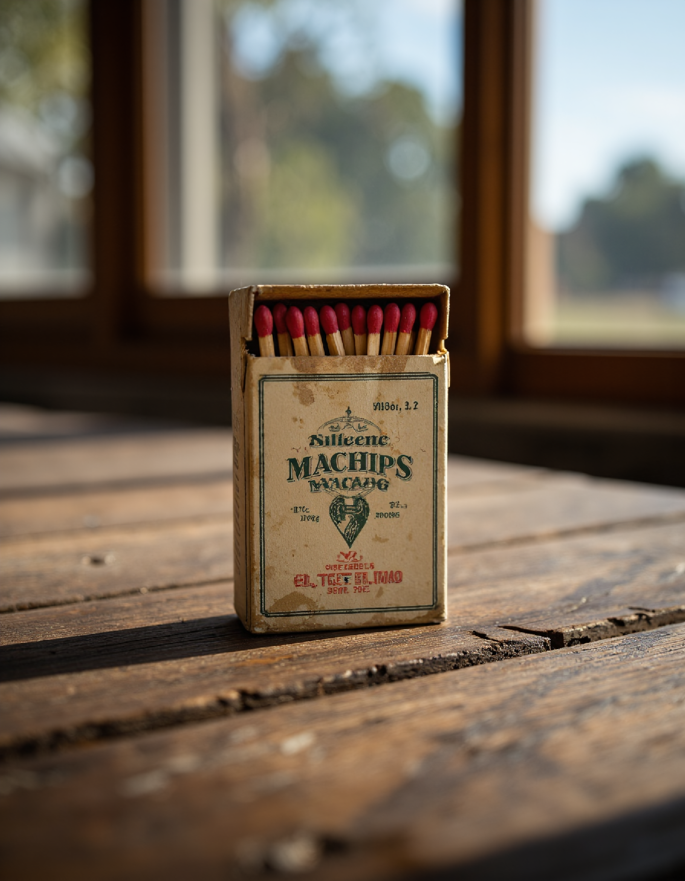 Macro photography of a vintage matchbox, slightly worn label details, positioned on a rustic wooden table, shallow depth of field emphasizing textures, natural window light casting subtle shadows, 50mm lens, f/2.8 aperture.
