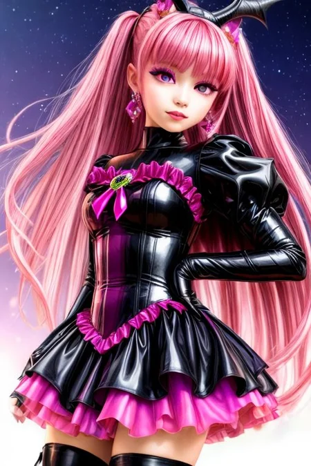 evil corrupted young princess wearing dark pastel (ruffled:1) (gleaming latex:1) EvlSM DarkPrecure Bad_End_Precure gown with (long latex cape:1) and latex elbow bridal gauntlets, (Perfect Face:1), soft lighting, glossy red lips, ruffles,
<lora:more_details:1>