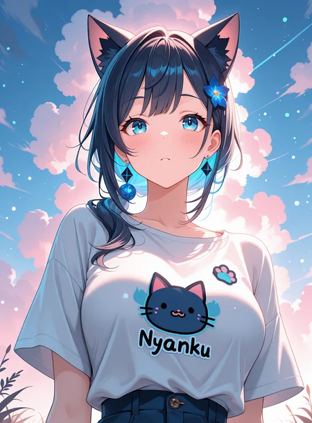 lazypos, cat ears, 1girl,solo, Undercut , Captivated, tshirt Cranberry background with small cornflower blue diamonds, giving a sense of depth., bokeh, vibrant colors, (colored light particles,:1.6) (bloom:1.4), cloudy, dreamy atmosphere, fogy, dynamic angle, mature, adult, <lora:Nyanku:1> nyanku, nyankupatches