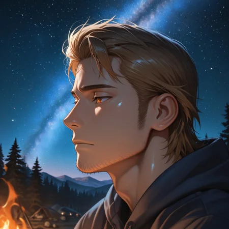 masterpiece, best quality, amazing quality, absurdres, newest, detailed background, definition so sharp, Ultra-HD, 8K cinematic, very awa, impressionate, amazing quality, highres,
solo, male focus, manly, shadow, shiny skin,
ekusoushizumu, ekusou_brunette, ekusou_orange eyes, 1boy, short hair, sideburns, stubble, night_sky, stars, stargazing, milky_way, astronomy, calm_night, cool_colors, moonlight, contemplative, sense_of_wonder, peaceful, outdoor, camp_fire, deep_thought