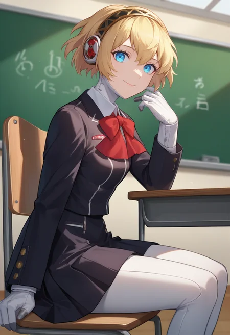 score_9, score_8_up, score_7_up, source_anime, solo, 1girl, p3aegis, android, robot joints, smile, closed mouth, looking at viewer, sitting, chair, hairband, headphones, gekkoukan high school uniform, black jacket, red bow, long sleeves, black skirt, indoors, classroom <lora:persona4_aegis_ponyXL:1>