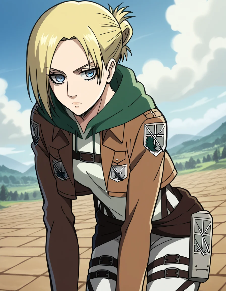 score_9, score_8_up, score_7_up, source_anime, <lora:anni-leonhart-s1-ponyxl-lora-nochekaiser:1>, annie leonhardt, short hair, blue eyes, blonde hair, folded ponytail,, <lora:paradis-military-uniform-ponyxl-lora-nochekaiser:1>, paradis military uniform, belt, cloack, cropped jacket, emblem, green cloak, jacket, long sleeves, pants, shirt, thigh strap, uniform, white pants, white shirt, brown jacket,, landscape, bent over, looking at viewer, solo,, cowboy shot, dutch angle