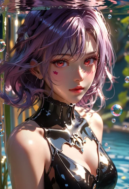 score_9, score_8_up, score_7_up, score_6_up, score_5_up, score_4_up, masterpiece, best quality, raytracing, absurdres, high definition, perfect details, depth of field, good composition, spectacular, volumetric dark lighting, dramatic lighting, absurd, raytracing, 3>lora in weight of: 1.5 + detailed eyes, ((detailed face)), (linear hatching, cel shading, hds style), extremely bright rays of light, dark lighting, majestic, divinity,
BREAK
Submerged underwater, light rays through water, water bubbles, air bubbles, underwater, water,
BREAK
perfect face, mature, female, purple hair, metallic hair, metal, red eyes, 1girl, solo, sexy, smooth body, cyber Dystopian, shadowrun, Enigmatic woman draped in shadows, beautiful, wearing detailed, black dress adorned with lace, full body, full body in view, (Partially obscured face, revealing only piercing eyes adorned with kohl.arcane energy aura), sexy body, cowboy shot, masterpiece, ultra-detailed, semi-realistic, kohl.arcane imbued eyes, (cowboy shot, portrait), full lips, sparkles in air, complicated background,