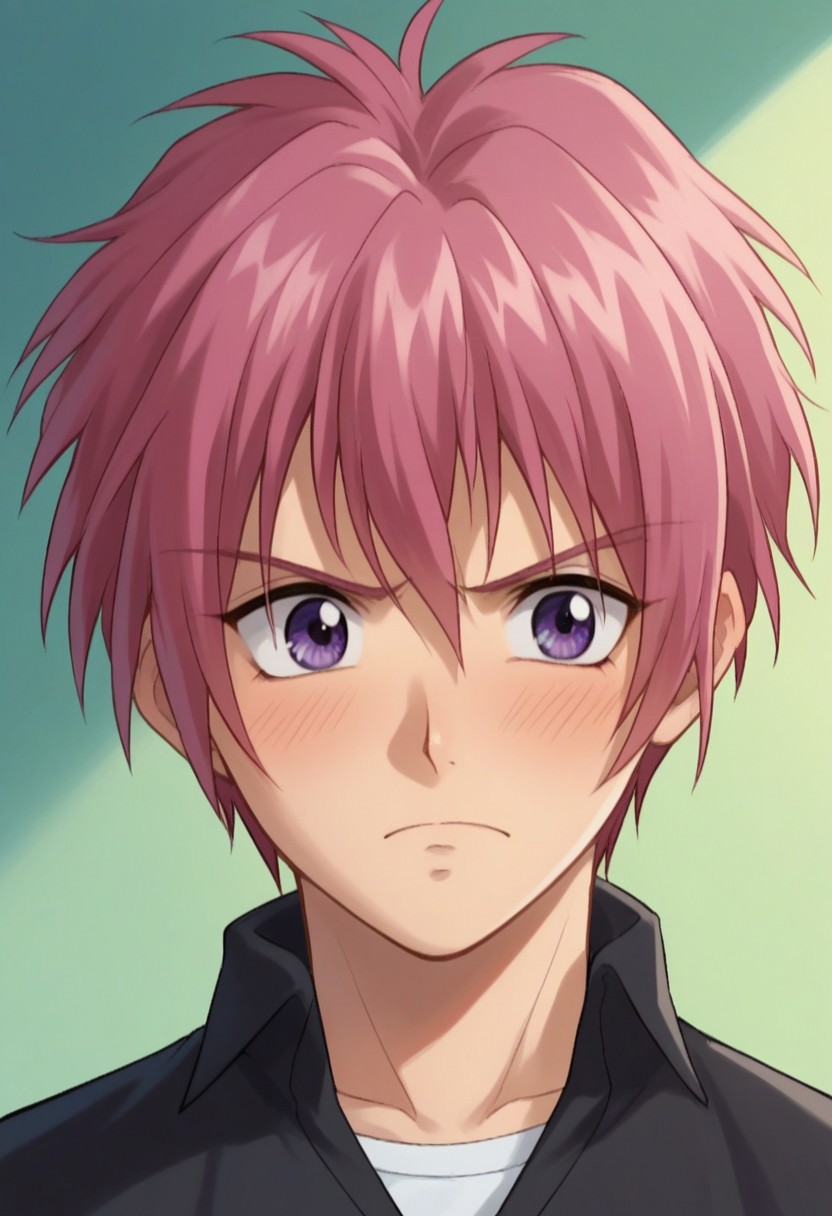 score_9, score_8_up, score_7_up, source_anime, highly detailed, 
ShuichiShindou, 1boy, solo, hort hair, pink hair, shirt, collared shirt, vest, upper body, purple eyes, puffy cheeks
indoor, frown, blush, parody