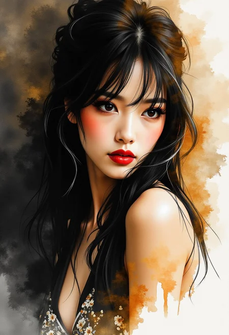 ArsMJStyle, Expressive Watercolor Ink Wash, sepia, henna , inksketch, Silhouette Art, magnificent, dark background, portrait of stunning japanese woman, long dark hair with platinum streaks, sidelocks, bangs, seductive, sultry, lustful, red lips, direct gaze, light hitting one side of face, abstract background