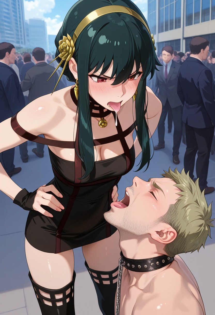 absurdres, masterpiece, best quality, very aesthetic, HDR, 8K, ultra-detailed, anime, 748cmstyle, Spitting_Domination, spits in mouth, spitting in mouth, saliva focus, spitting focus, hetero, femdom, forced, long spit, spits right into open mouth, huge spit, ((giant sized drool)), outdoor, crowd, 
1girl (yor_briar, shiny skin, standing, dominant female, ((skinny)), spitting lips, angry face, hung over his face, hands on hips), 
BREAK
1guy (submissive guy, slave guy, submissive look of guy, catches her spit on his mouth, guy face up, mouth filled with saliva to brim)