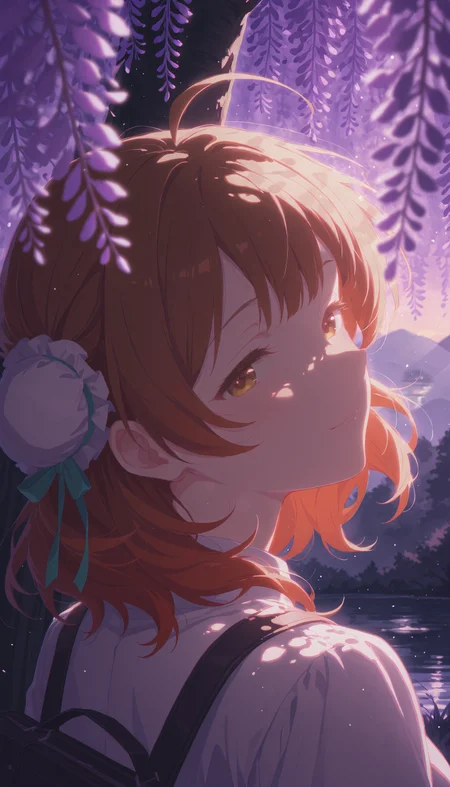 1girl, hanami ume, gakuen idolmaster, brown eyes, gradient brown hair, ahoge, single side bun
((light smile,half-closed eyes,closed mouth):1.1),
(running)
wearing Superhero Costume, bun cover,
BREAK
(looking at viewer:1.2), looking back seductively,
under tree, branch, (purple wisteria:1.3), bag, (purple grass:1.2), blue misty lake,
dreamy atmosphere,
QUALITY
(masterpiece, very aesthetic, absurdres),
BREAK
at dusk, haze, (from behind,looking back), portrait, (dappled sunlight:1.3), (sunbeam:1.1), (sunlight from side:1.2), (light rays:1.1), dramatic lighting, (glowing:1.4), (particles:1.2), (blurry background:1.1), (blurry foreground:1.3), purple shadow, high contrast
<lora:outline_xl_end:-12>, <lora:aesthetic_anime_v1s:0.5>, <lora:StS-Illustrious-Detail-Slider-v1.0:1.25>, <lora:il_brightness_slider_d1:-0.5>, <lora:darkness_xl_v20:0.5>, <lora:Dramatic Lighting SliderIL:3>