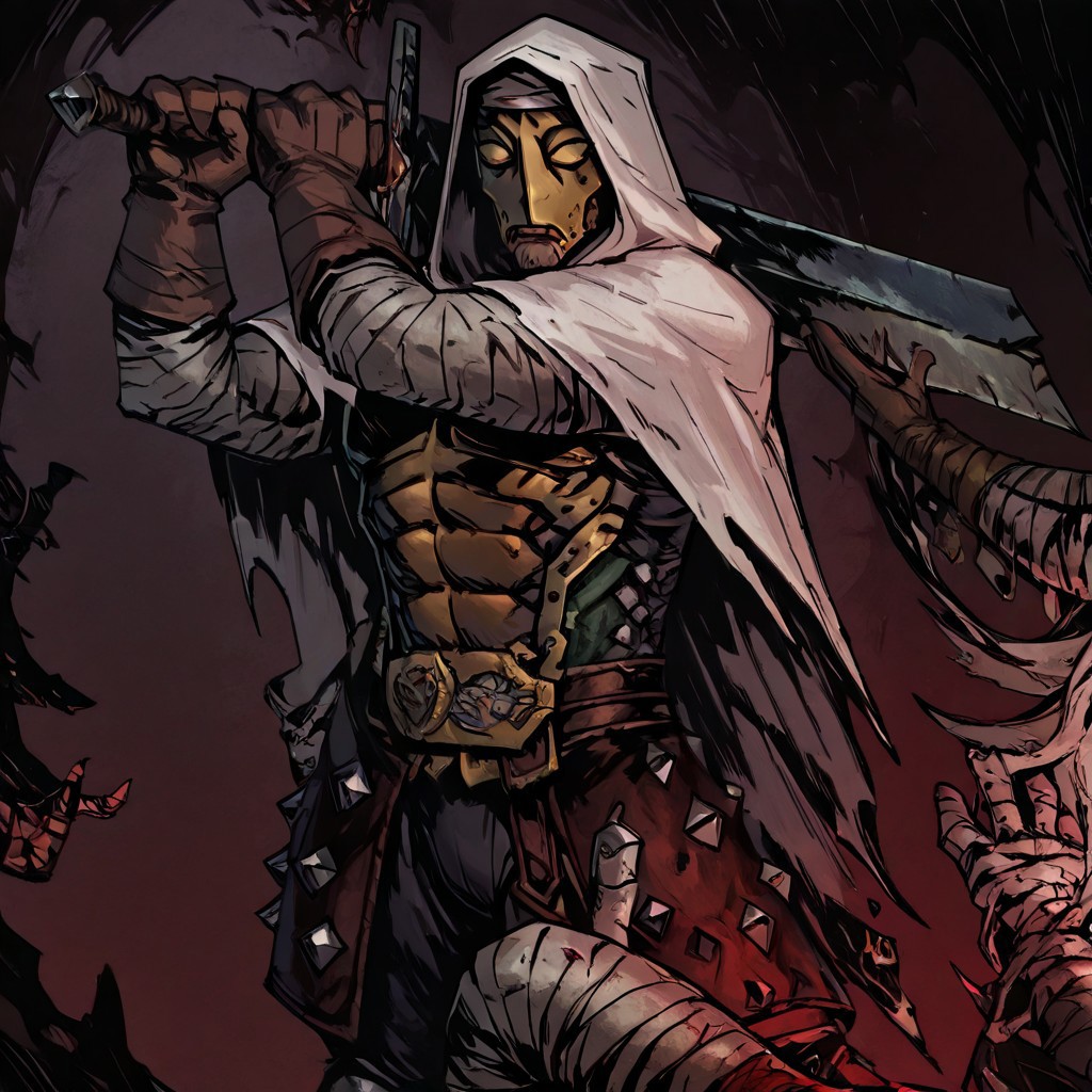 masterpiece, best quality, newest, absurdres, highres, TTCSV1.0,
solo, solo focus, 1boy, DDLEP-V1.0, armor, mask, metal mask, golden mask, gloves, brown gloves, bandages, hood, hood up, abs, holding, holding sword, sword, weapon, holding weapon,