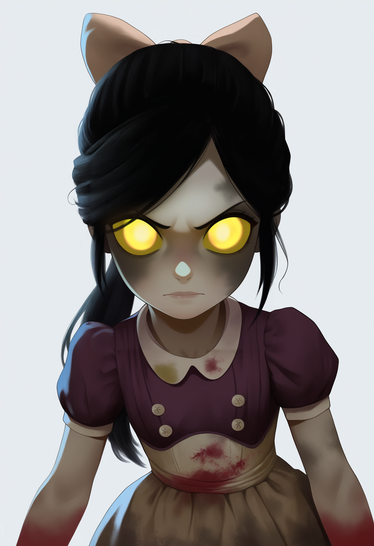 best quality, amazing quality, very aesthetic, absurdres,
1girl, lilsis, black hair, yellow eyes, yellow sclera, glowing eyes,
bow,
dirty, blood, muddy dress, dress,
upper body, looking at viewer, solo, simple background, white background  <lora:LittleSisterNoobXL_byKonan:1>