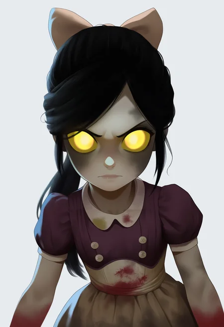 best quality, amazing quality, very aesthetic, absurdres,
1girl, lilsis, black hair, yellow eyes, yellow sclera, glowing eyes,
bow,
dirty, blood, muddy dress, dress,
upper body, looking at viewer, solo, simple background, white background <lora:LittleSisterNoobXL_byKonan:1>