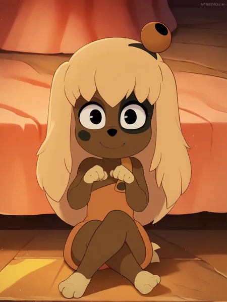 <lora:LilottePony1.1:1> lilotte, solo, 1girl, furry female, long hair, dog ears, black eyes, dog tail, orange overalls, blonde hair, indoors, dog girl, smile, looking at viewer,sitting,crossed legs,barefoot, cowboy shot, score_9, score_8_up, score_7_up, score_6_up, score_5_up, score_4_up