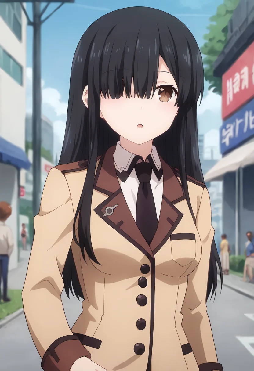 score_9, score_8_up, score_7_up, masterpiece, source_anime, 1girl, ct_shiizaki, long hair, black hair, brown eyes, medium breasts, beige uniform, long sleeves, white collared shirt, black necktie, looking at viewer, outdoors, city, depth of field,, cowboy shot, shiny skin, jitome, chestnut mouth, upper body,<lora:Hinako Shiizaki_Pony_ct:0.9>