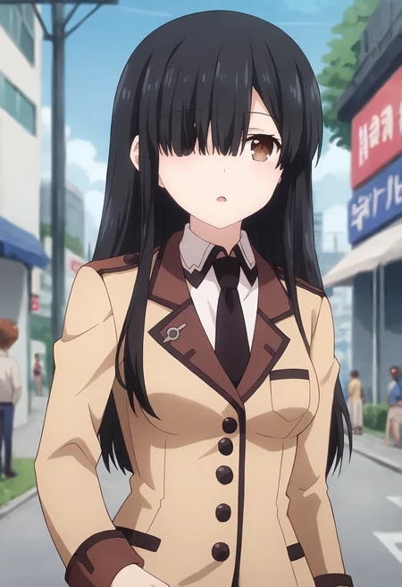 score_9, score_8_up, score_7_up, masterpiece, source_anime, 1girl, ct_shiizaki, long hair, black hair, brown eyes, medium breasts, beige uniform, long sleeves, white collared shirt, black necktie,  looking at viewer, outdoors, city, depth of field,, cowboy shot, shiny skin, jitome, chestnut mouth, upper body,<lora:Hinako Shiizaki_Pony_ct:0.9>