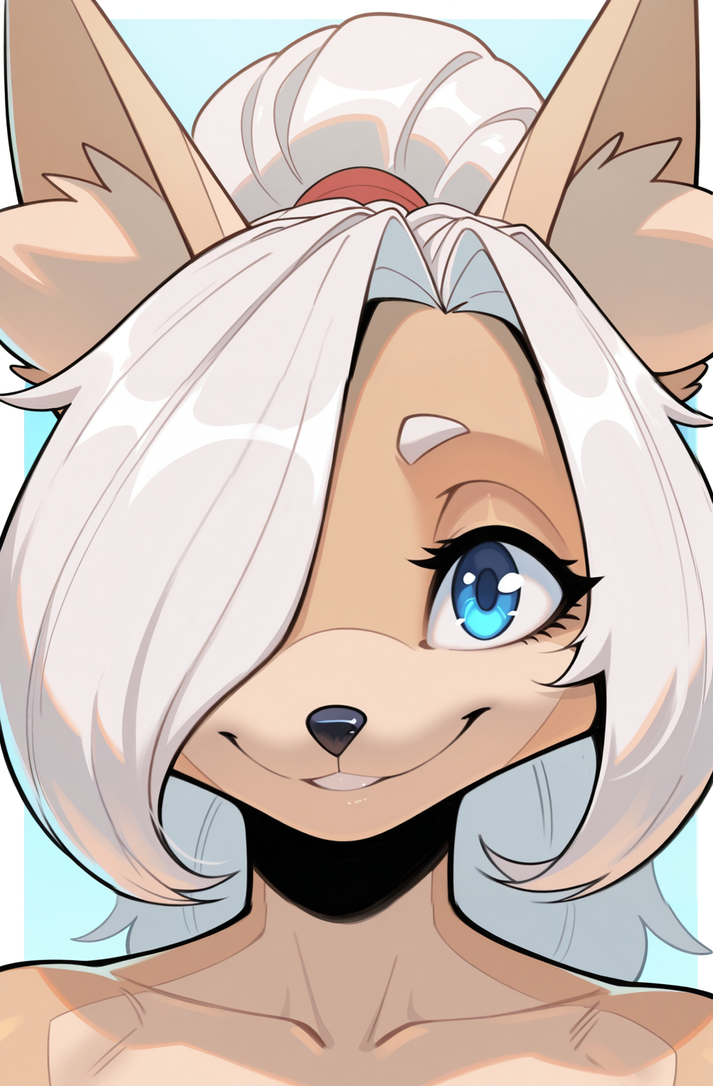 1girl, moughta, furry female, hair over eye, white hair, blue eyes, portrait, smiling, looking at viewer