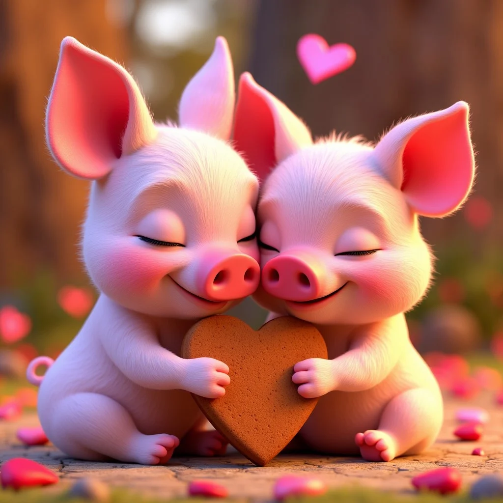 A romantic Pixar cartoon image, close-up of the faces of two piglets huddled together, their eyes closed, and their noses shaped like hearts:1.4), (patch are heart-shaped:1.4). They hold a heart-shaped gingerbread in their paws.. Little hearts are flying around. A Pixar cartoon frame. Fairy glade background