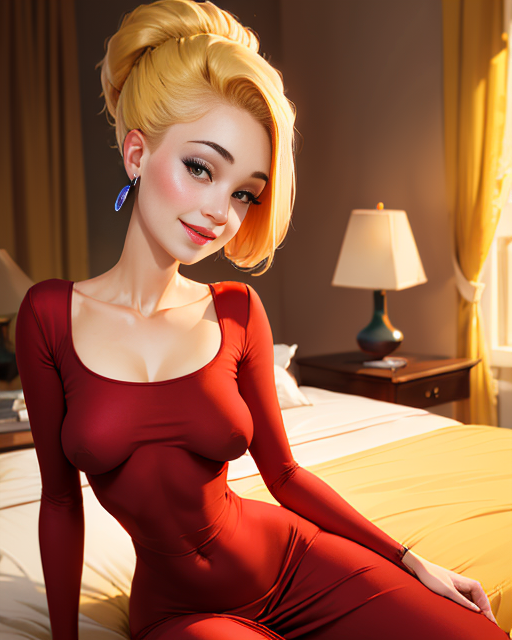 Piklez,((upward blonde  hair)), small breasts, navel ,solo, black eyes, round eyes, smile, solo,
Pikattire, (long crew neck red dress:1.2), earrings
sitting  on bed (insanely detailed, beautiful detailed face, masterpiece, best quality) <lora:Pickles-10v2:0.8>