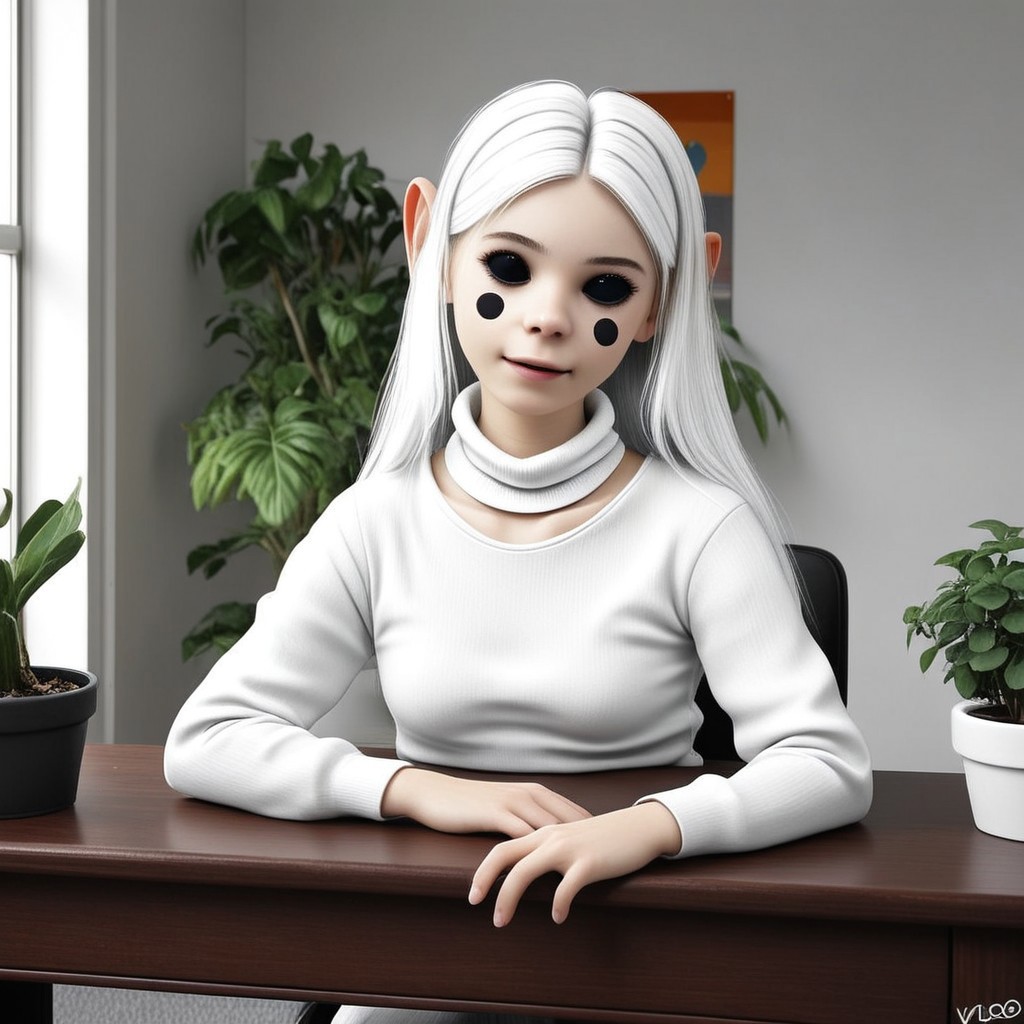 voo is an (adult female and looks about 30 years old) with a (black circle on each cheek) and ((black marbles for eyes)).She has large and tall. 
voo has Long (white_hair:2) with a metallic shine.
Voo has a (white_roll_neck_sweater).
smile. Voo is sitting in a leather chair in and office with a window. There is a plant pot with a small aloe plant on the desk Infront of voo.