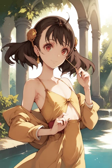 score_9, score_8_up, score_7_up, 1girl, happy, looking at viewer, hand_on_own_chest, dark brown hair, wispy_bangs, tri_tails, red eyes, flat chest, golden clothes, outdoors, vanishing point, god rays <lora:endou_okito_PonyXL_style_v01:1>