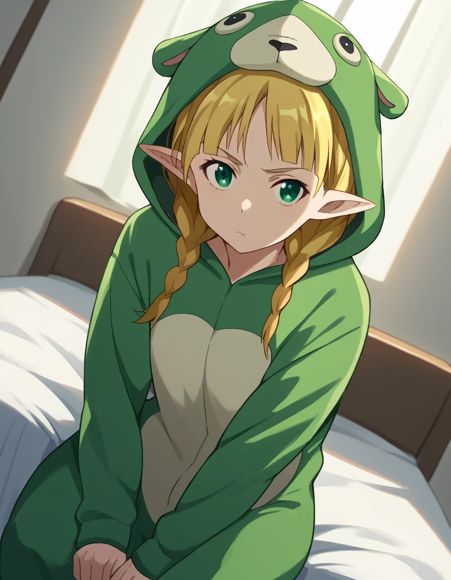 score_9, score_8_up, score_7_up, source_anime, suguhakirigaya, <lora:suguha-kirigaya-s1-ponyxl-lora-nochekaiser:1>, suguha kirigaya, long hair, blonde hair, hair between eyes, green eyes, ponytail, braid, pointy ears, twin braids,, <lora:kigurumi-ponyxl-lora-nochekaiser:1>, kigurumi, animal hood, animal costume, cosplay, rabbit costume, dragon costume, bear costume, dinosaur costume, sheep costume, cat costume, dog costume, panda costume, tiger costume,, indoors, bed, bed room, sitting, , looking at viewer, solo, cowboy shot, dutch angle
