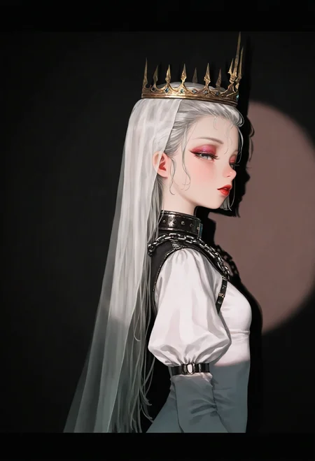 <lora:SDXL\Illustrious\spotlight000006.safetensors:1.0:1.0> <lora:SDXL\Illustrious\ComfyUI_itercomp_00001_.safetensors:1.0:1.0>Spotlight,SL1,from distance, 1girl, solo, long_hair, looking_at_viewer, long_sleeves, dress, closed_mouth, upper_body, white_hair, grey_hair, parted_lips, puffy_sleeves, white_dress, black_dress, from_side, lips, looking_to_the_side, grey_eyes, eyelashes, makeup, chain, half-closed_eyes, crown, lipstick, letterboxed, juliet_sleeves, veil, eyeshadow, red_lips, sideways_glance BREAK (porforever:0.5),(rei \(sanbonzakura\):0.8),(tianliang duohe fangdongye:0.3),(chen bin:0.9),(rhasta:0.9),(wlop:0.5),(gyari_\(imagesdawn\),orenji \(wholesomeorenji\):0.6),,masterpiece, absurdres, aesthetic, best quality,[:dark theme:15]