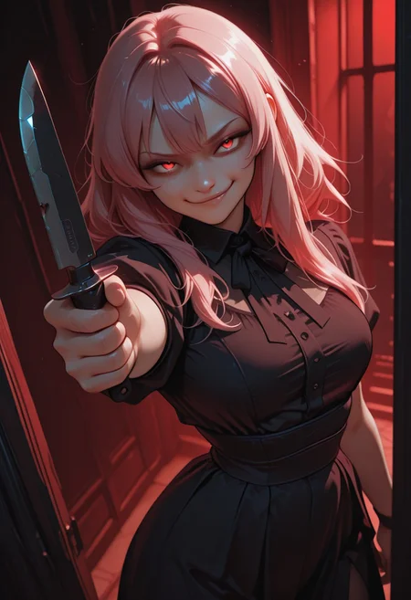 masterpiece, high_quality, highres, gradient, cinematic lighting, artist:moriimee,
looking_at_viewer, smirking, knife in hand, sneaking knife,
red_background, black_background, dutch angle, medium shot