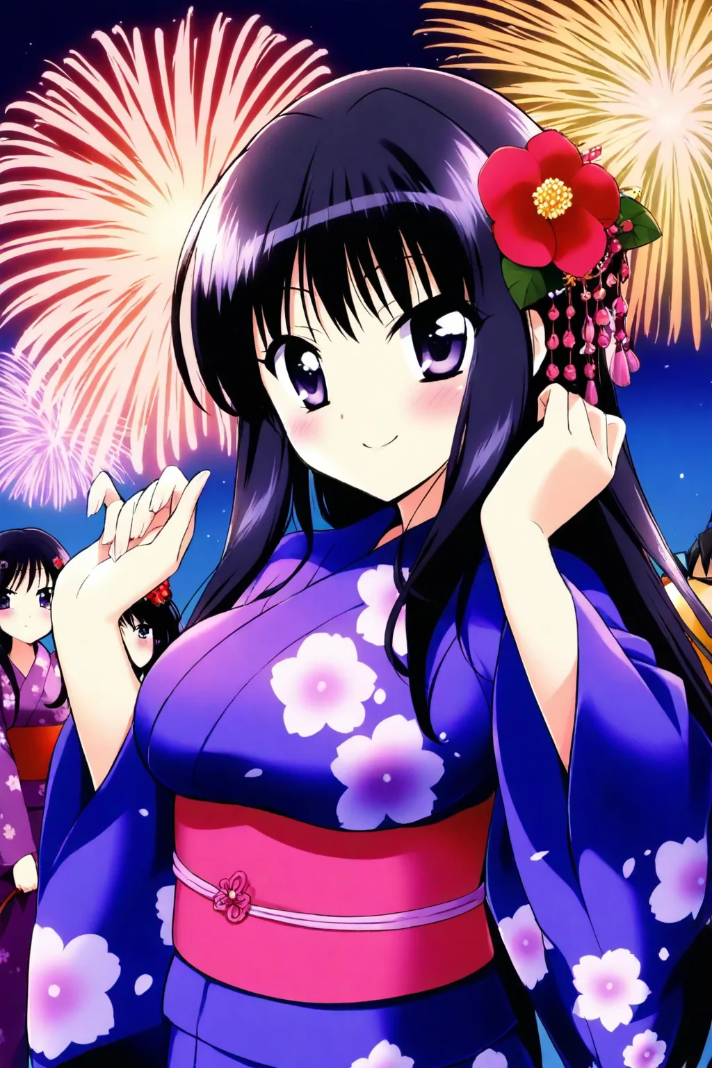 <lora:TokyoMewMew:0.7>, MewMew, japanese clothes, kimono, fireworks, purple eyes, smile, sash, night, hair ornament, obi, long hair, outdoors, looking at viewer, black hair, aerial fireworks, closed mouth, blush, floral print, solo focus, wide sleeves, 1girl, flower, hair flower, sky, night sky, purple kimono, long sleeves, summer festival, breasts, print kimono, medium breasts, yukata, red flower, hands up