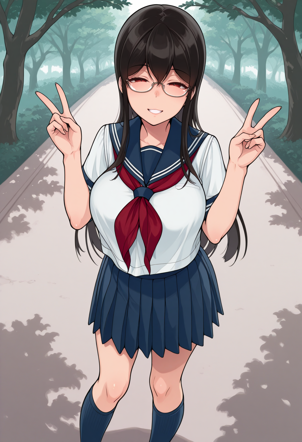 masterpiece, best quality, 1girl, grin, half-closed eyes, double v, looking at viewer, standing, <lora:ToukoSakuramachi-ixl:1> t0uk0, black hair, hair between eyes, long hair, red eyes, glasses, semi-rimless eyewear, school uniform, serafuku, red neckerchief, blue skirt, pleated skirt, short sleeves, large breasts, kneehighs, blue socks, outdoors, summer, tree