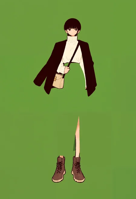 masterpiece, highres, absurdres, newest, very awa, simple background, minimalism, blending, 1girl, solo, black hair, short hair, short bangs, blunt bangs, black eyes, white sweater, long sleeves, high collar, high-waist skirt, very long skirt, thigh cutout, handbag, jacket on shoulders, black jacket, (green skirt, green background:1.2), brown footwear, ankle boots, <lora:spo_sdxl_10ep_4k-data_lora_webui>, <lora:NOOB_EPSv1_1_detailer_by_vlnvk_v1_0:-1.0>, <lora:noobai_ep11_stabilizer_v0.30_fp16>,