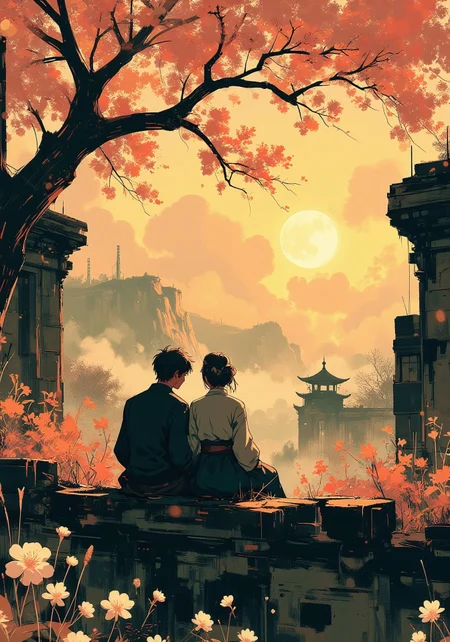 in the style of ck-mgs, nistyle, Special Ink-drawing mode, intricate linework with expressive contrasts, Mh1$AgThS2, Inkplash art on rice paper, sepia, henna , Silhouette Art, magnificent, inksplash portrait of korean man and woman sitting in overgrown ruins, seen from behind, looking fondly at each other, Cherry trees blossom overhead, magnificent cliff view in background, soft golden sunset light