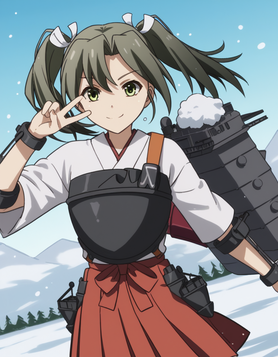 score_9, score_8_up, score_7_up, source_anime, <lora:kacolle-zuikaku-s1-ponyxl-lora-nochekaiser:1>, zuikaku, long hair, ribbon, twintails, green eyes, hair ribbon, zuikaku (kancolle), skirt, japanese clothes, muneate, red skirt, pleated skirt,, snow day, winter clothes, snowball fight, laughter, cold breath, white landscape, , , v, smile, solo,, cowboy shot, dutch angle