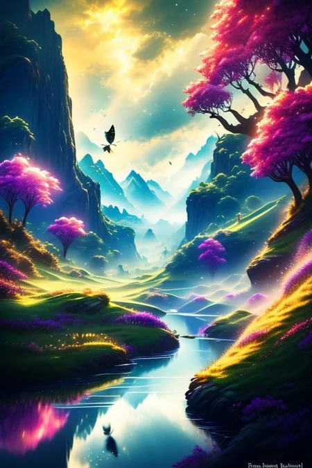((masterpiece)), ((best quality)), 8k, ultra-detailed, vibrant fantasy valley with a river winding into the distance, the camera positioned on top of a hill overlooking the majestic landscape, lush green fields, and rolling hills stretching as far as the eye can see. The scene is filled with vibrant, high-contrast colors, illuminated by magical lighting, with floating particles and glowing wisps of magic drifting through the air. Butterflies flutter around, and exotic birds with radiant feathers fly above, their wings catching the light. The river shimmers as it snakes through the valley, reflecting the vivid sky and glowing clouds. The atmosphere is mystical and enchanted, with ethereal light filtering through the mist. The environment feels alive with magic, glowing flora and sparkling air, exuding a sense of wonder and awe. Artistic composition, cinematic framing, breathtaking detail, and a serene, otherworldly fantasy world.
fantri, easynegative, OverallDetail
