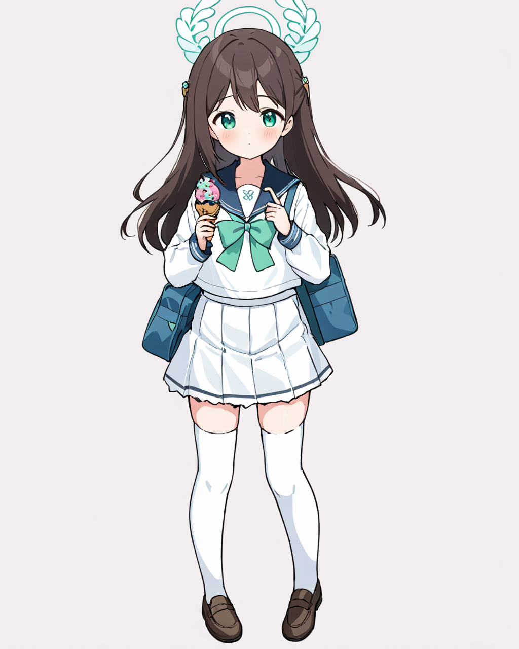 airi \(blue archive\),1girl, solo, white_serafuku, halo, white_thighhighs, white_background, white_skirt, simple_background, long_sleeves, sailor_collar, blush, green_bow, full_body, looking_at_viewer, pleated_skirt, two_side_up, white_shirt, loafers, holding_food, bowtie, school_bag, standing, zettai_ryouiki, ice_cream, brown_footwear, :o
<lora:airi_(blue_archive)_image186_2023-11-26-000030:1>halo. gorgeous,key visual, vibrant, studio anime,award-winning, professional, highly detailed,high budget, cinemascope