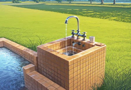 masterpiece, ESBG, 

grass, water, scenery, outdoors, day, faucet focus, faucet 