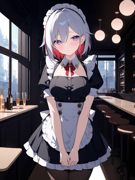 masterpiece, best quality, perfect features, intricate details, ray tracing, very aesthetic, (hitenkei, askzy:0.4), 1girl, topaz \(honkai: star rail\), solo, maid, maid headdress, maid apron, embarrassed, pantyhose, open mouth, blush, parted lips, looking at viewer, cowboy shot, bar \(place\), indoors, depth of field <lora:Char-HonkaiSR-Topaz-XL-V1:0.8>