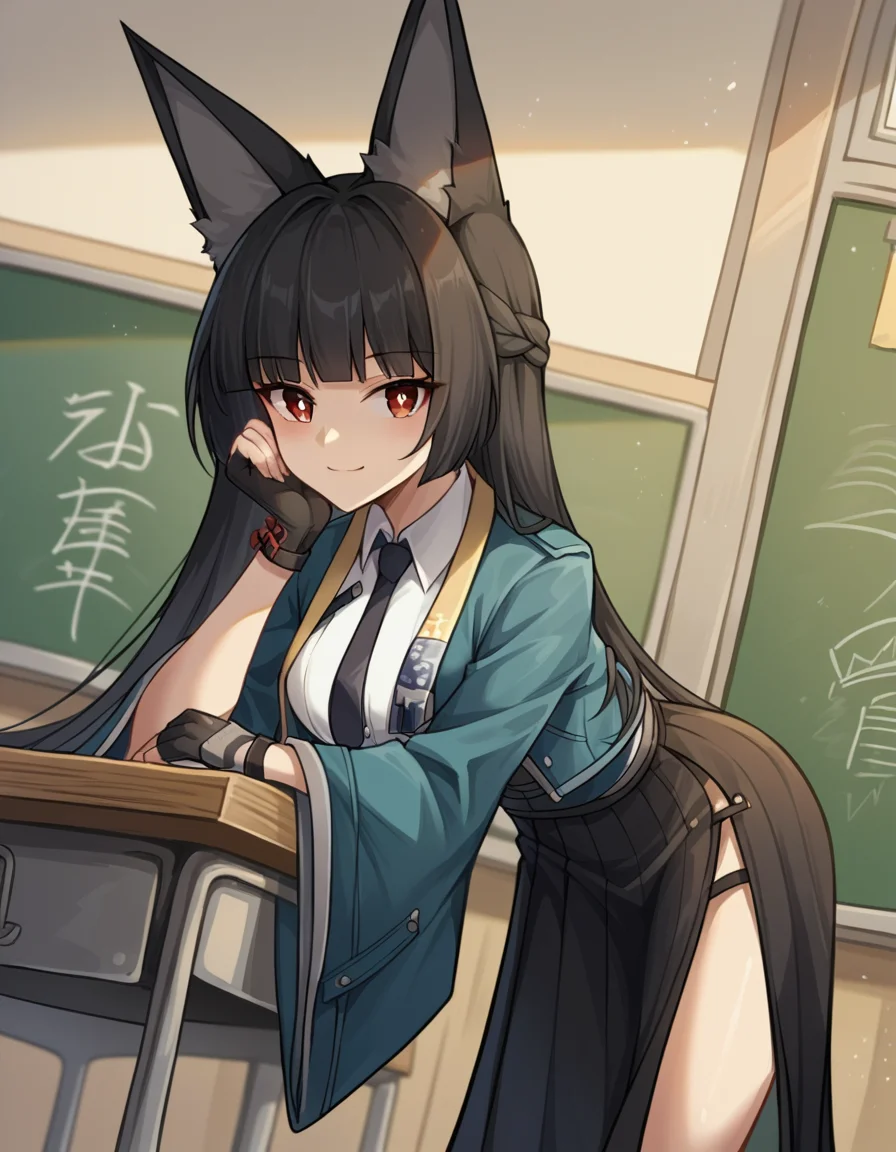 score_9, score_8_up, score_7_up, source_anime, miyabihoshimi, <lora:miyabi-hoshimi-ponyxl-lora-nochekaiser:1>, miyabi hoshimi,animal ear fluff, animal ears, black hair, bright pupils, fox ears, fox girl, half updo, long hair, red eyes, sidelocks, white pupils,, asymmetrical gloves, black gloves, black necktie, black skirt, blue jacket, collared shirt, fingerless gloves, gloves, high-waist skirt, jacket, long skirt, necktie, shirt, side slit, single fingerless glove, skirt, white shirt, wide sleeves,, indoors, classroom, bent over, smile, looking at viewer, solo, cowboy shot, dutch angle