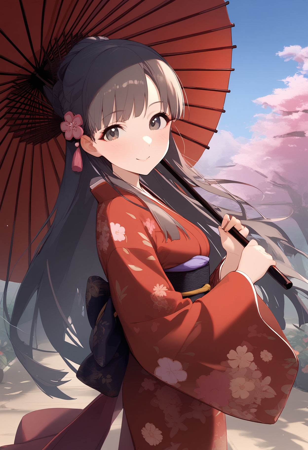 1girl,blush,floral print,kobayakawa sae,looking at viewer,obi,smile,solo,wide sleeves,breasts,holding umbrella,oil-paper umbrella,red kimono,<lora:a31_char_new_kobayakawa_sae:1>masterpiece, best quality, absurdres<lora:a31_style_koni-000010:0.8>