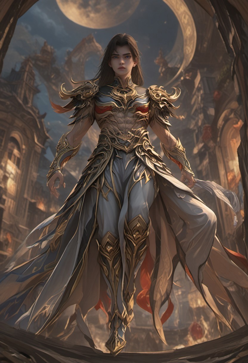 (super detailed gentle face), expressiveH, focus on face, score_9, score_8_up, score_7_up, shihao, 1boy, solo, black hair, zhuyan_armor, slim toned male. create a stunning full body plot image of an fantasy hero in epic godlike flying pose, designed in an ultra-detailed, realistic art style. The hero is depicted with dark long hair and super detailed blue eyes, dressed in a sleek leather outfit with hidden daggers and a flowing hooded cloak, and set against the rooftops of a shadowy city under a full moon, with mist rolling through the streets below. The image should capture the essence of strength, beauty, and power, with dramatic lighting that accentuates the character's features and presence.
