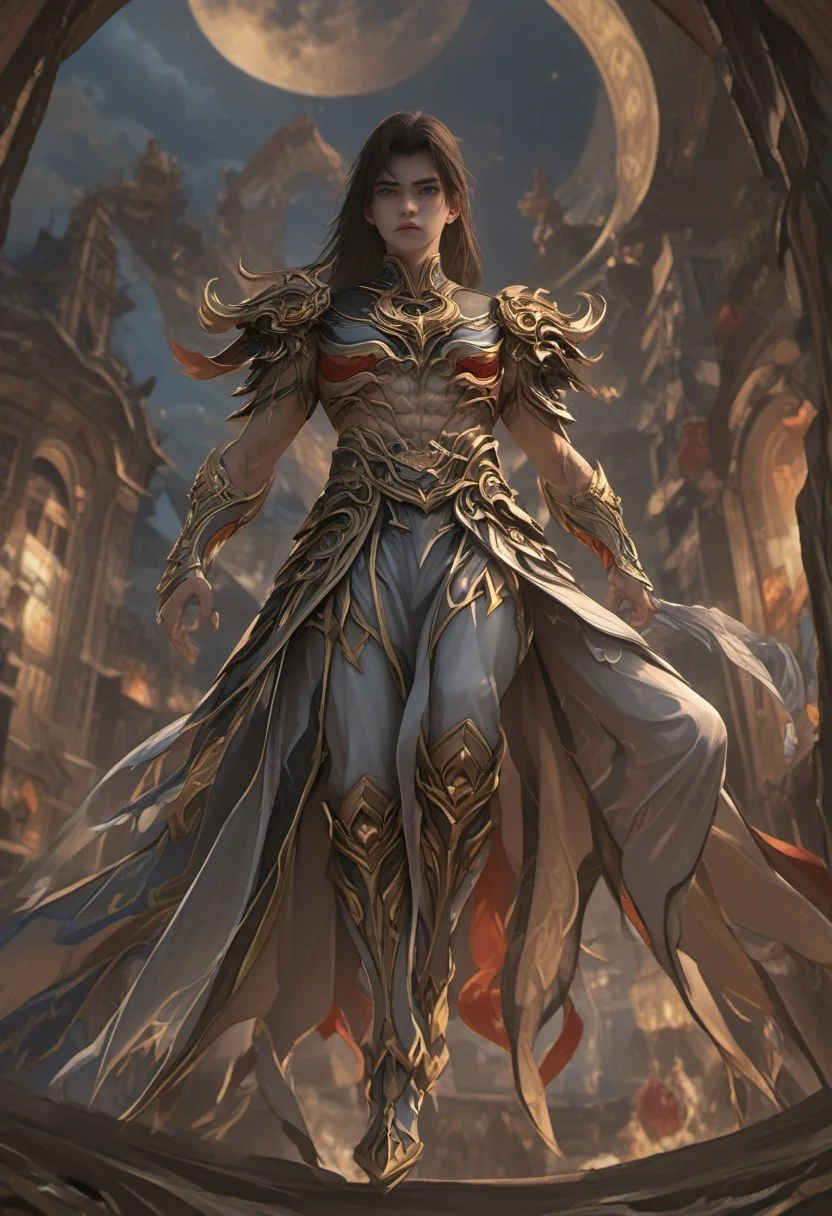 (super detailed gentle face), expressiveH, focus on face, score_9, score_8_up, score_7_up, shihao, 1boy, solo, black hair, zhuyan_armor, slim toned male. create a stunning full body plot image of an fantasy hero in epic godlike flying pose, designed in an ultra-detailed, realistic art style. The hero is depicted with dark long hair and super detailed blue eyes, dressed in a sleek leather outfit with hidden daggers and a flowing hooded cloak, and set against the rooftops of a shadowy city under a full moon, with mist rolling through the streets below. The image should capture the essence of strength, beauty, and power, with dramatic lighting that accentuates the character's features and presence.
