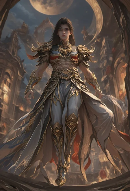 (super detailed gentle face), expressiveH, focus on face, score_9, score_8_up, score_7_up, shihao, 1boy, solo, black hair, zhuyan_armor, slim toned male. create a stunning full body plot image of an fantasy hero in epic godlike flying pose, designed in an ultra-detailed, realistic art style. The hero is depicted with dark long hair and super detailed blue eyes, dressed in a sleek leather outfit with hidden daggers and a flowing hooded cloak, and set against the rooftops of a shadowy city under a full moon, with mist rolling through the streets below. The image should capture the essence of strength, beauty, and power, with dramatic lighting that accentuates the character's features and presence.
