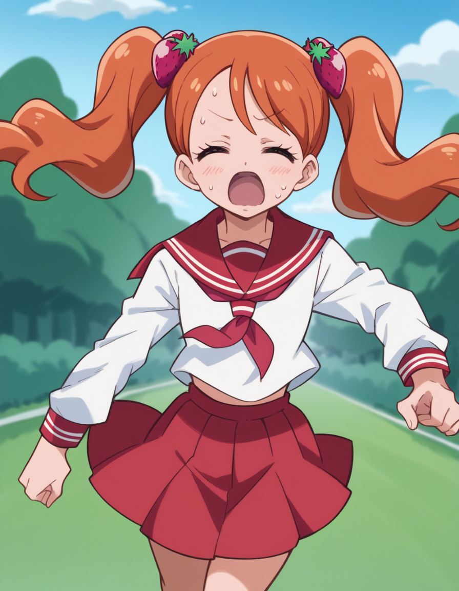 score_9, score_8_up, score_7_up, source_anime,
<lora:ichika-usami-anime-ponyxl-lora-nochekaiser:1>, ichika usami, hair ornament, twintails,
skirt, long sleeves, school uniform, serafuku, sailor collar, orange hair, red skirt, food-themed hair ornament, red sailor collar, strawberry hair ornament,
outdoors, running, sweating, open mouth, closed eyes,
looking at viewer, cowboy shot, dutch angle, solo,