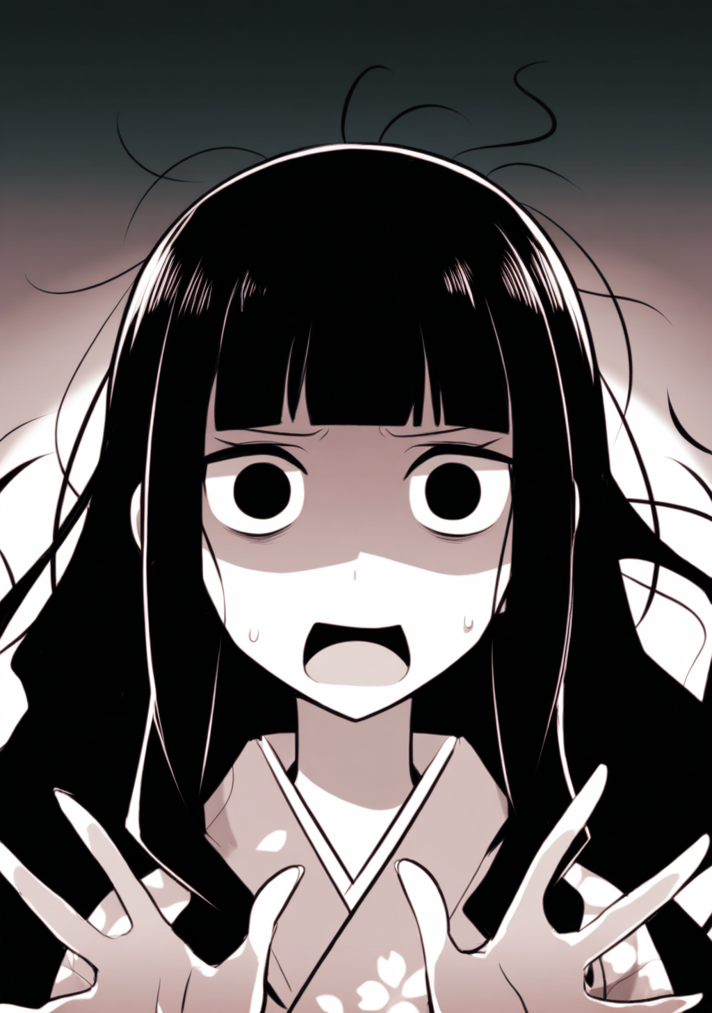 masterpiece, best quality, absurdres, perfect lighting,shiny skin,<lora:spo_sdxl_10ep_4k-data_lora_webui:0.6>,1girl,itoshiki_rin,long hair, black hair,wavy hair, blunt bangs,black eyes,<lora:itoshiki_rin:0.9>,japanese clothes,despair, shaded face, constricted pupils, monochrome, hands up, looking at viewer, open mouth, panic,front view,messy hair, open hands,