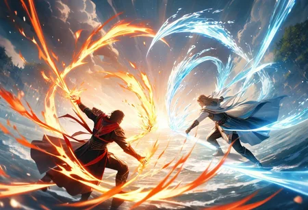 (best quality:1.1), (masterpiece:1.2), (realistic:1.2), (detailed:1.1), (highres, best quality:1.2),
very aesthetic, absurdres,
perspective from above, wide shot, cinematic lighting ,
duel, magical duel, fire spell, (water spell), plant spell, earth spell, wind spell,
Enter a world where magic reigns supreme and two powerful sorcerers engage in an elemental duel. With fire, water, earth, and wind at their command, they clash in a spectacle of power and skill. Can you envision the explosive clash of these mystical forces, each imbued with vibrant hues of red, blue, green, and ethereal white? Dive into the heart of this magical showdown and feel the intensity as they shape the very elements themselves in a battle for supremacy.