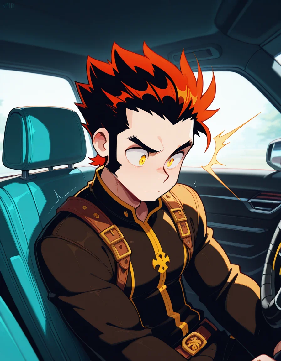 aijalon, 1man, masculine man, masculine male body , sideburns, yellow eyes, brown spikey hair , () , medium skin tone , horny expression , fantasy attire , BREAK, inside a car , BREAK, (vivid high contrast colors), (expressive energetic ), short cartoony simplistic, masterpiece, best quality, very aesthetic, absurdres <lora:Aijalon Anitoon_epoch_7:1>